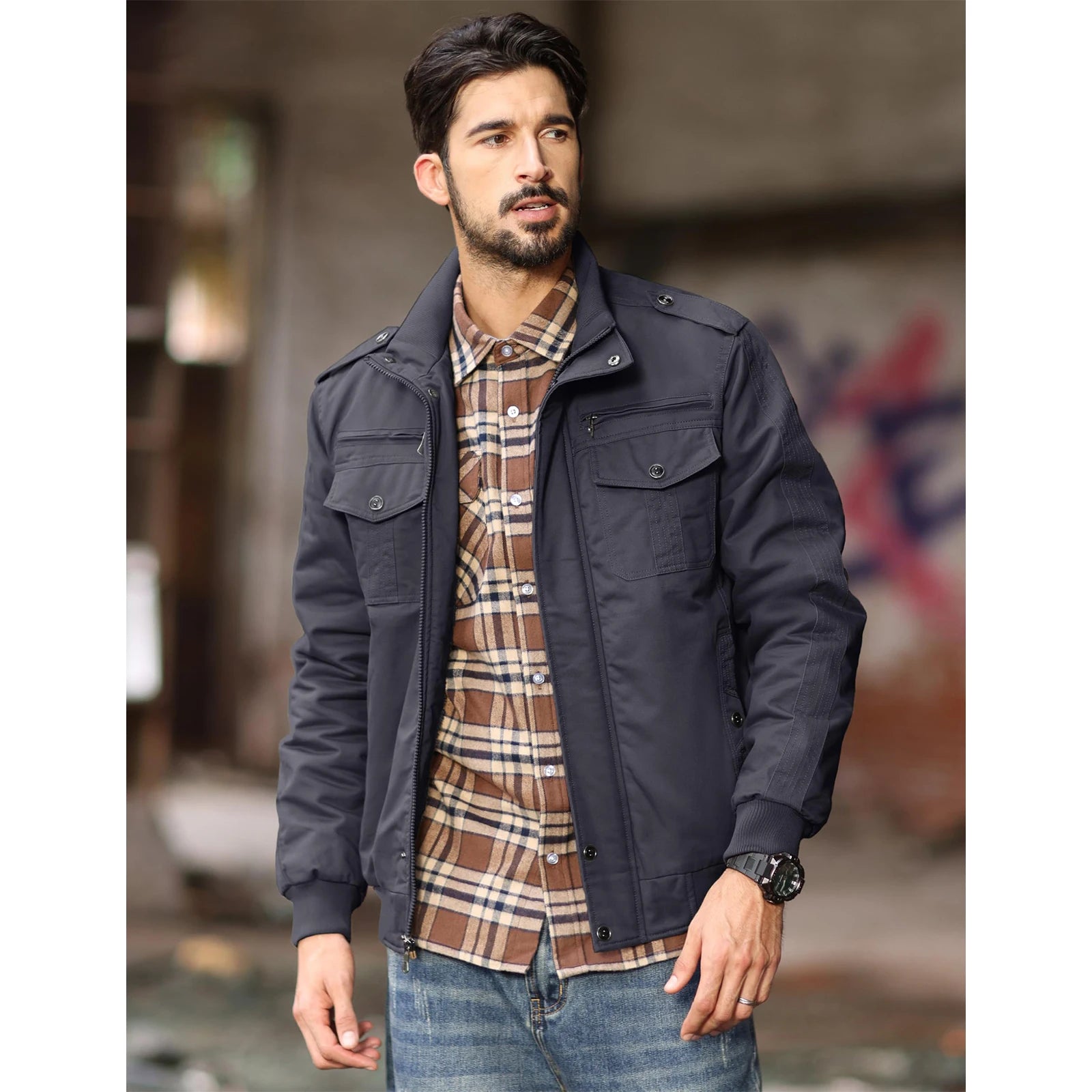 MAGCOMSEN Men's Fleece Jackets Windbreaker Coats Fall Winter Thermal Bomber Jackets Multi-pockets Stand Collar Motorcycle Jacket