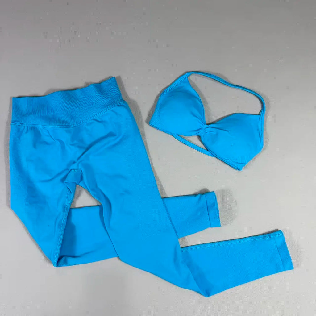 UETEEY Set For Woman Strappy Yoga Bra Sports Top Workout Leggings Set Seamless Gym Set Fitness Clothes Outfit Activewear