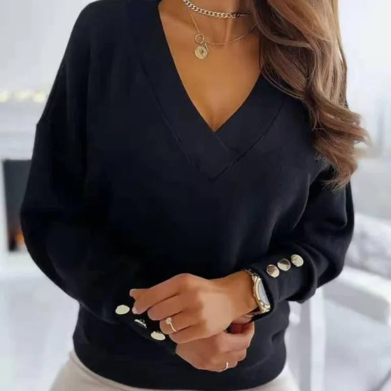 Spring Autumn Women Pure Soft Long Sleeve Sweater V-neck Fashion Jumper Office Lady Button Loose Casual Pullover Top Sweaters