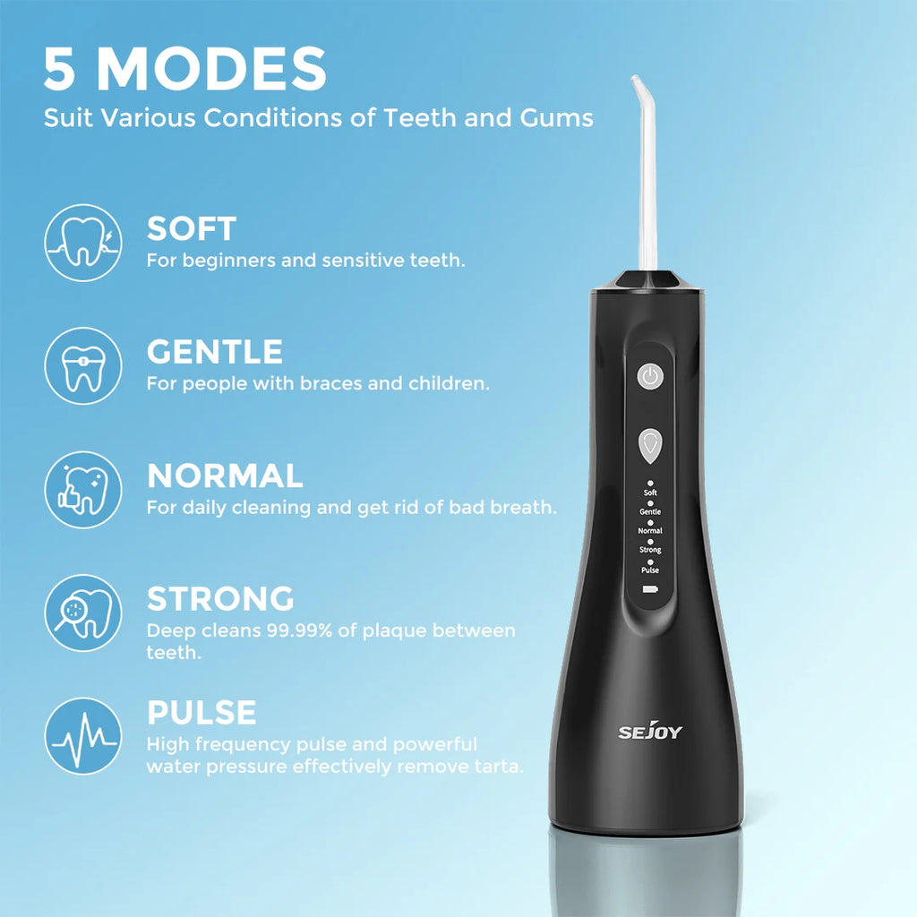 SEJOY Portable Electric Water Flosser Irrigator Dental Teeth Whitening strips 350ML Tank 5 Modes 5 Jet Tips For Home Travel
