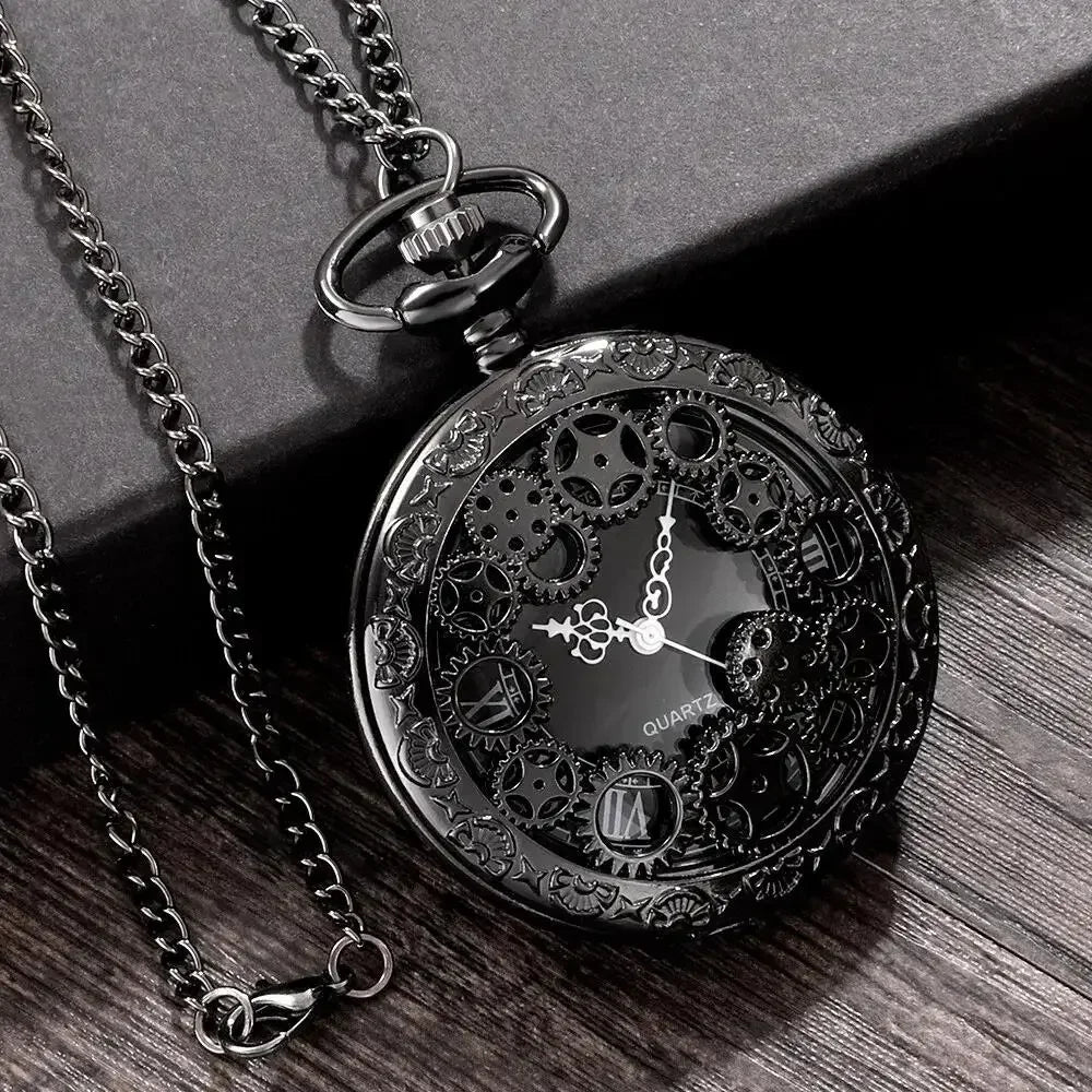 1pc Black Retro Hollow Gear Carved Quartz Pocket Watch Necklace Pendant Clock Chain Men Women Memorial Gift