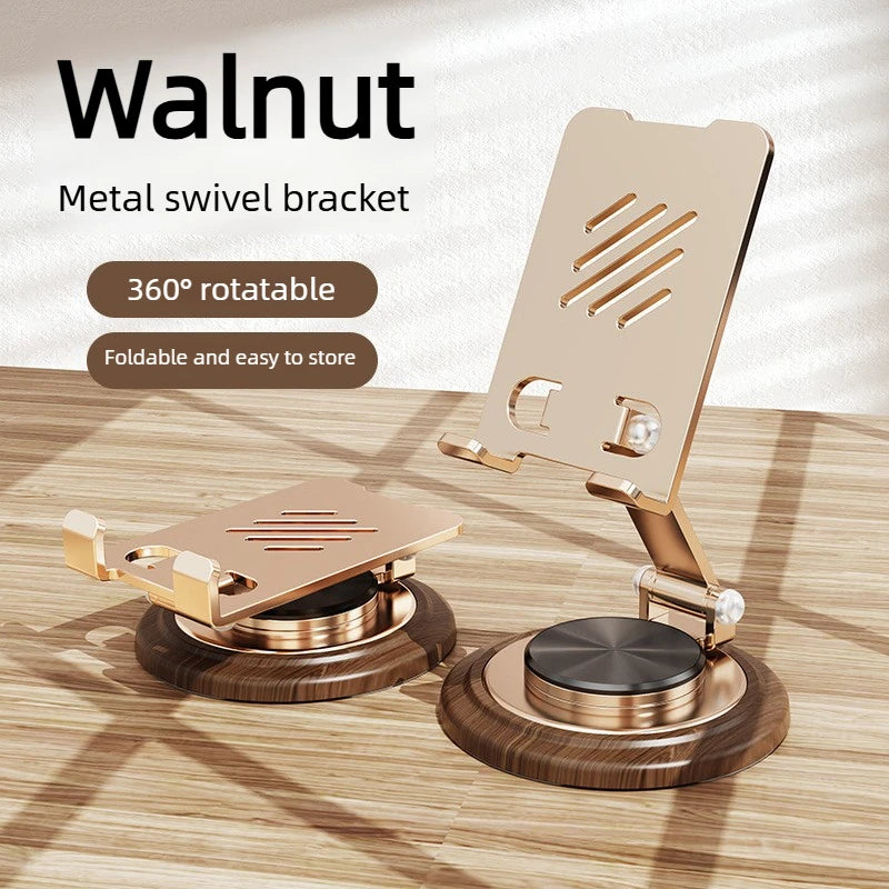 Black Walnut Wood Base Phone Holder Metal Stand 720° Rotating Foldable Desktop Stand Easy Storage for Mobile Phone Tablet Holder Main image