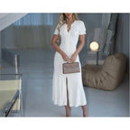 Summer Solid Round Neck Short Sleeved Office Lady Knitted Dress Women Korean Single Breasted Hollow Out Long Dress Fashion Trend
