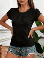 Women Chiffon Blouse Black Round Neck Pleated Puff Sleeve Top Loose Fit Casual Chic Shirts Tops Spring Summer Office Daily Wear