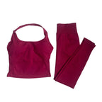 Halter Top Leggings 2-Piece Set Seamless Halterneck Backless Yoga Top+Scrunch Booty Leggings Fitness Gym 2pcs Set