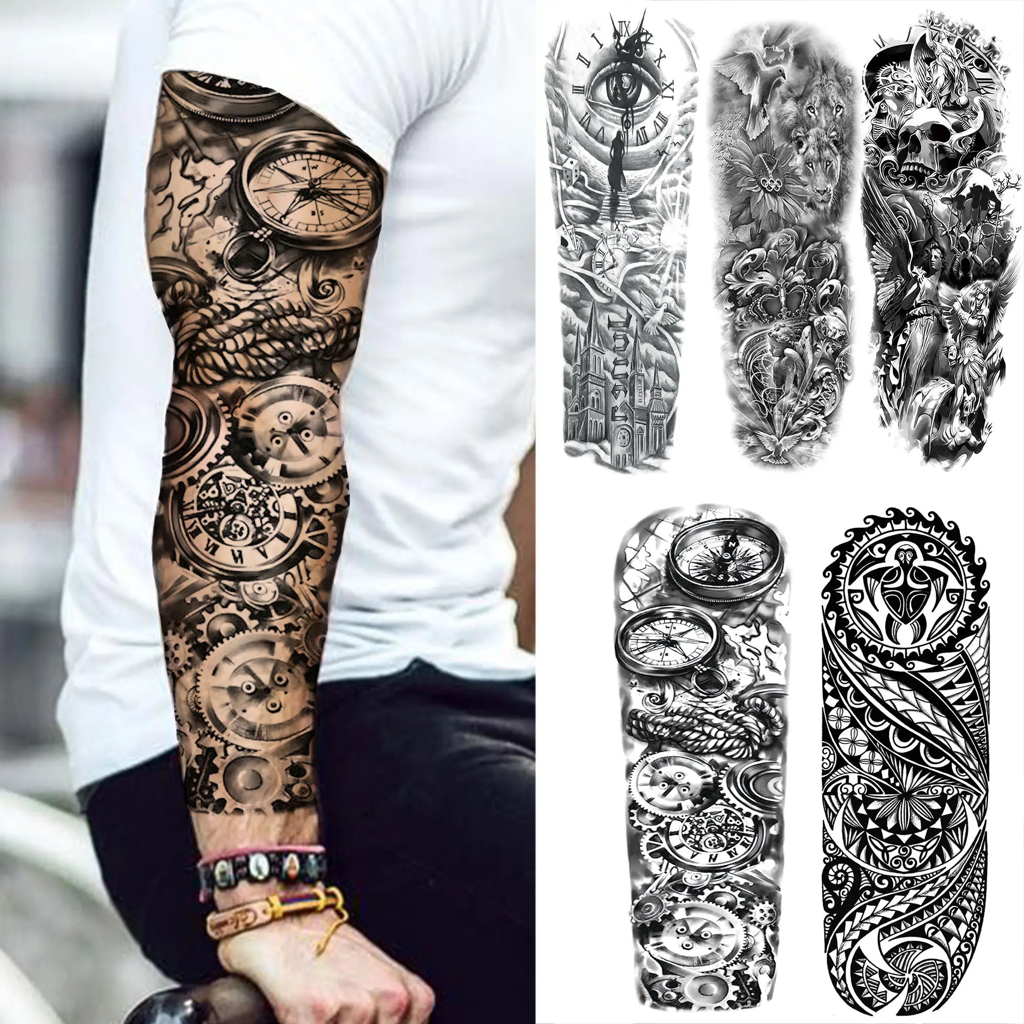 Compass Robot Arm Temporary Tattoos Sleeve For Men Women Realistic Fake Skull Angel Full Arm Tatoos Maori Totem Tattoo Sticker Main image