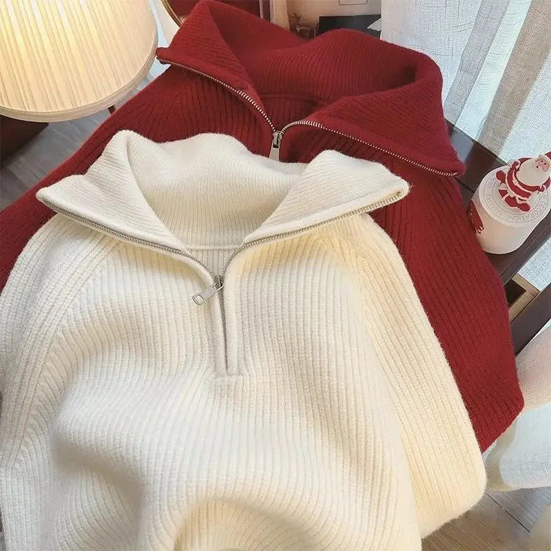 Half Zip Collar Sweater Women Pullovers Soft Knitted Long Sleeve Short Jumper Fall Winter Teen-girl Korean Fashion Outfit Secondary image