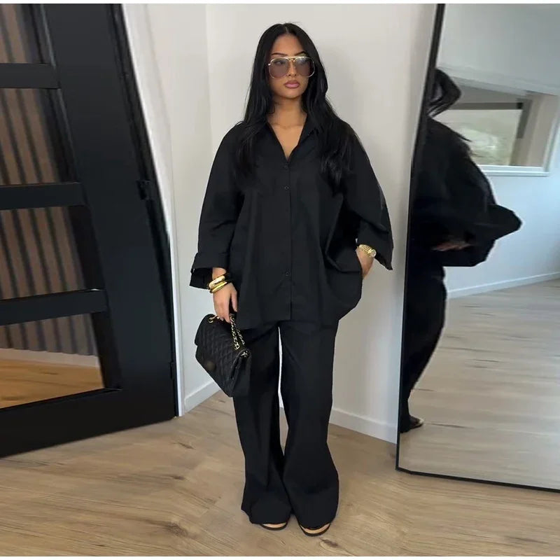 Women Solid Lapel Full Sleeves Pant Suits Chic Single Breasted Wide-leg Long Pants Sets 2026 Lady  Casual Daily Loose Fit Outfit