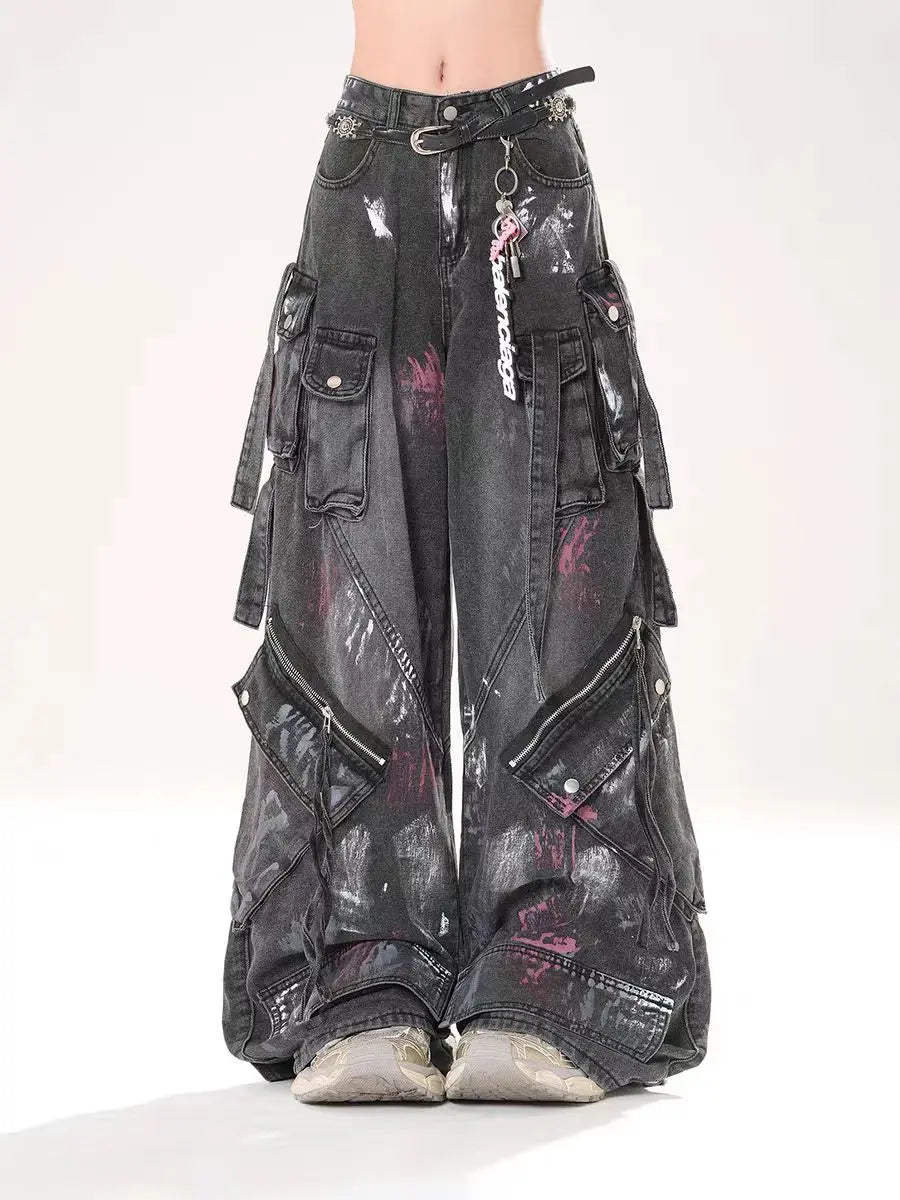 Y2K Harajuku Gothic Multi-Pocket Washed Black Jeans Men And Women 2000s Heavy Industry Drag Pants Street Hip Hop Wide Leg Pants