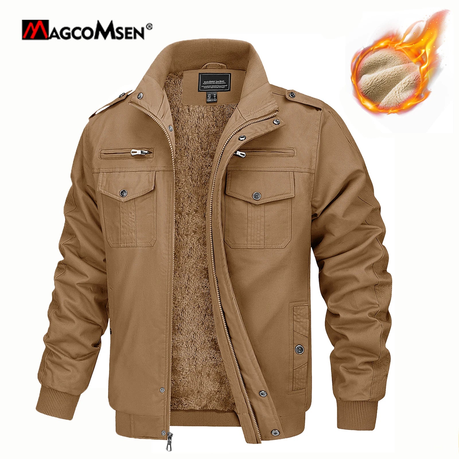 MAGCOMSEN Men's Fleece Jackets Windbreaker Coats Fall Winter Thermal Bomber Jackets Multi-pockets Stand Collar Motorcycle Jacket Main image