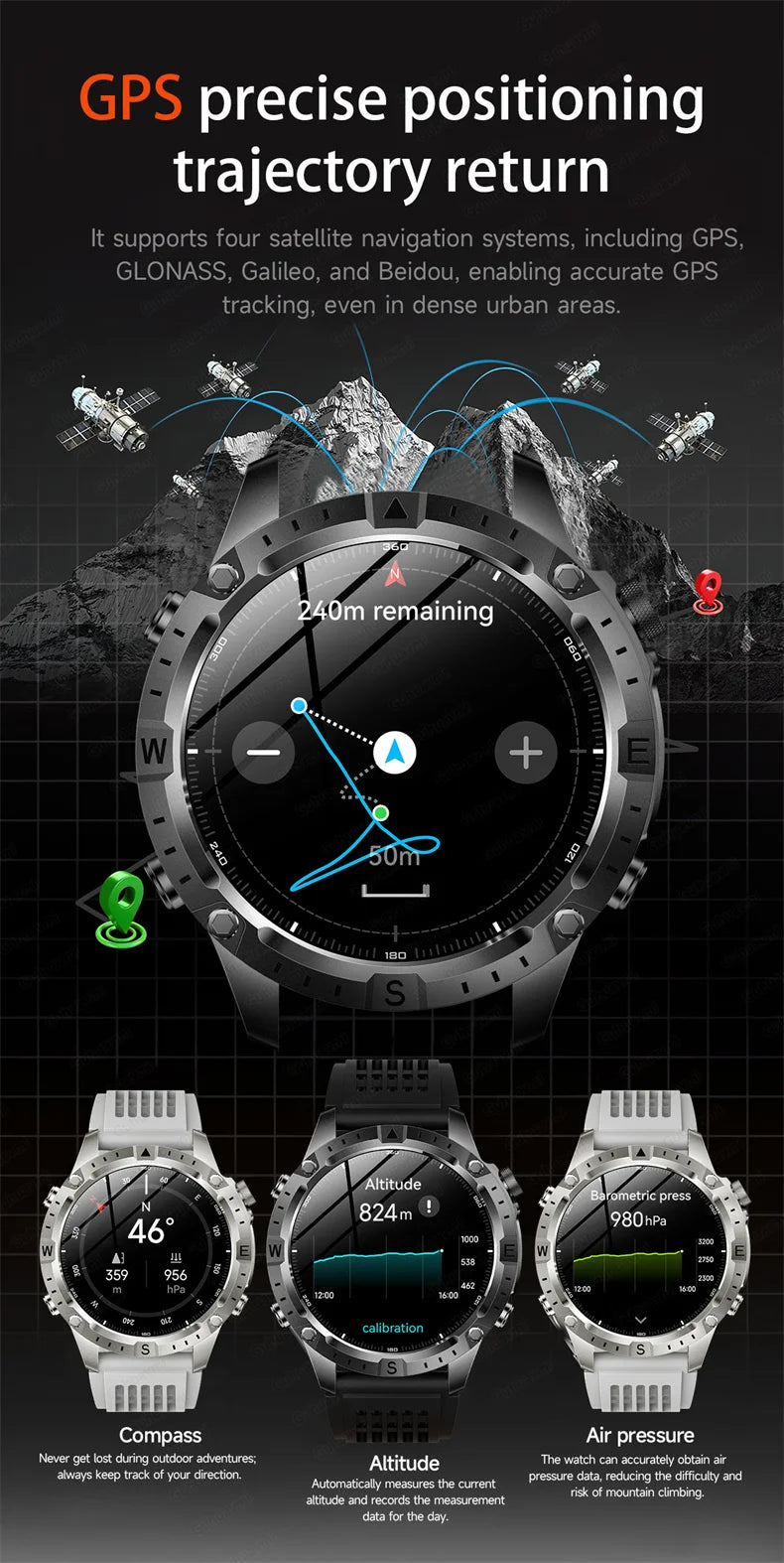 GPS Smart Watch for Men 2G ROM GPS Offline Maps Waterproof Swim Hiking Fitness Tracker Sleep SpO2 Rugged Durable Smartwatch GPS