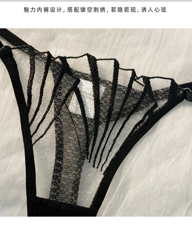 Black Lace Lingerie Set – Sheer Eyelash Mesh Push-Up Bra and Panty with Triangle Cup Design