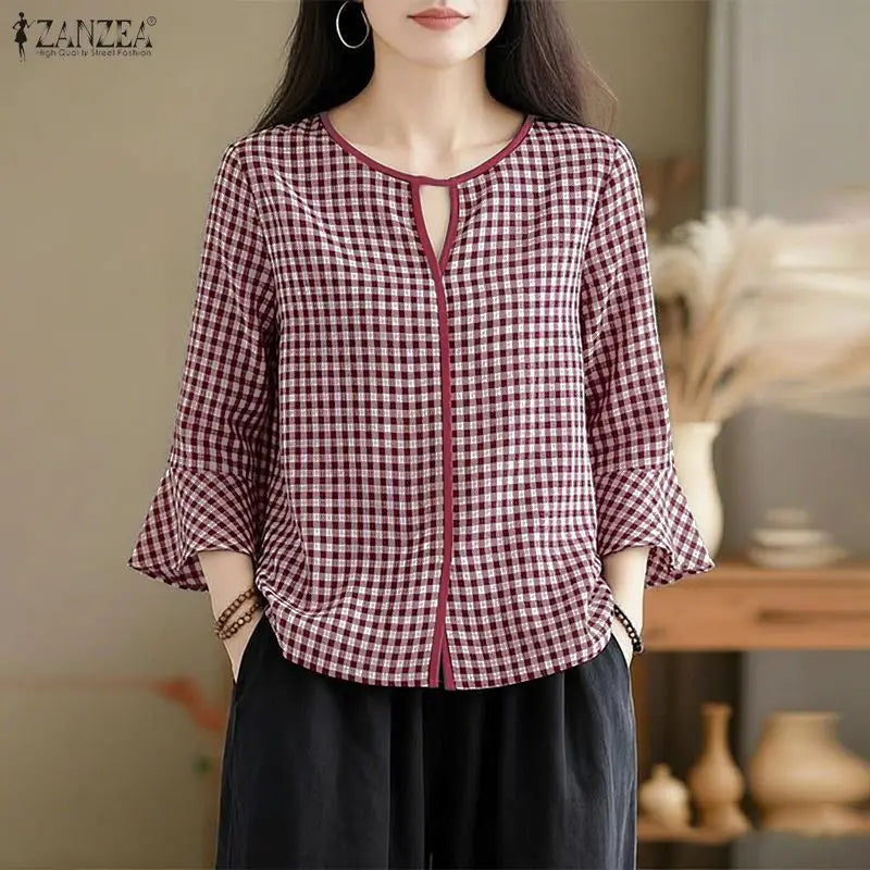 ZANZEA Women Summer Plaid Patchwork Blouse 3/4 Flare Sleeve Cut Out Tops Casual Loose Shirt Retro Chemise Female Work Blusas