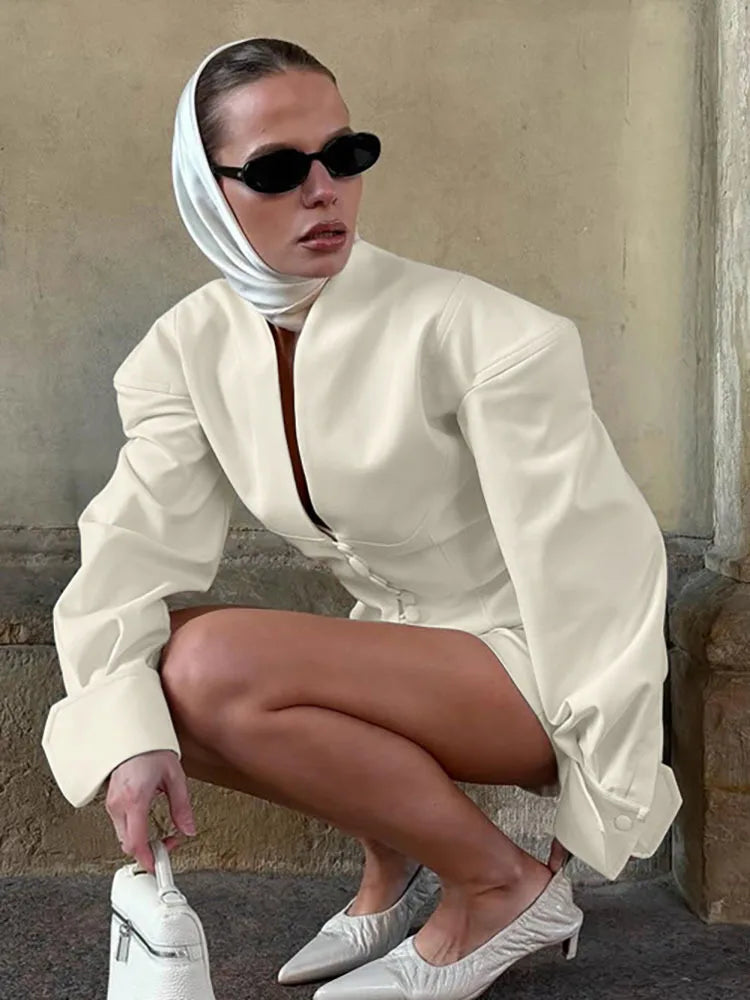 FANTOYE Sexy Deep V-Neck Long Sleeve Shoulder Pads Women 2 Piece Sets Beige Single Breasted Tops Short Pants Winter Lady Outfits