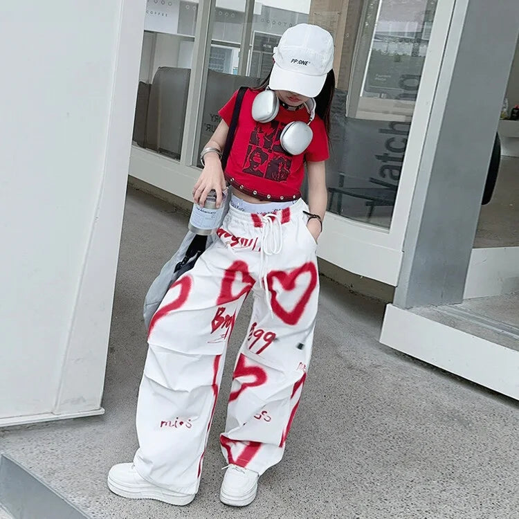 2026 summer spring teens tracksuit Girls cloth heart graffiti 1pc t-shirt top or long wide leg pant Kid 4 6 7 8 9 10 12 14 year