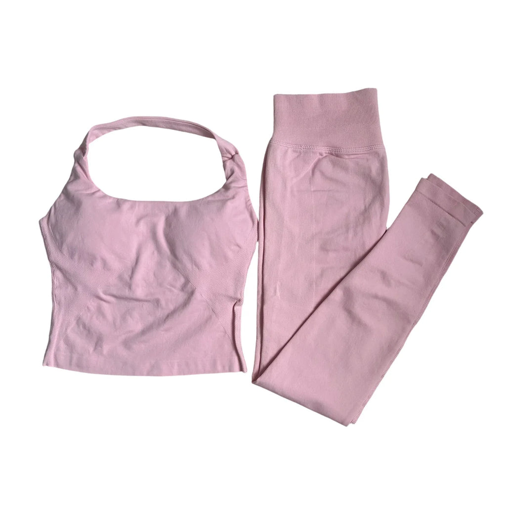 Halter Top Leggings 2-Piece Set Seamless Halterneck Backless Yoga Top+Scrunch Booty Leggings Fitness Gym 2pcs Set