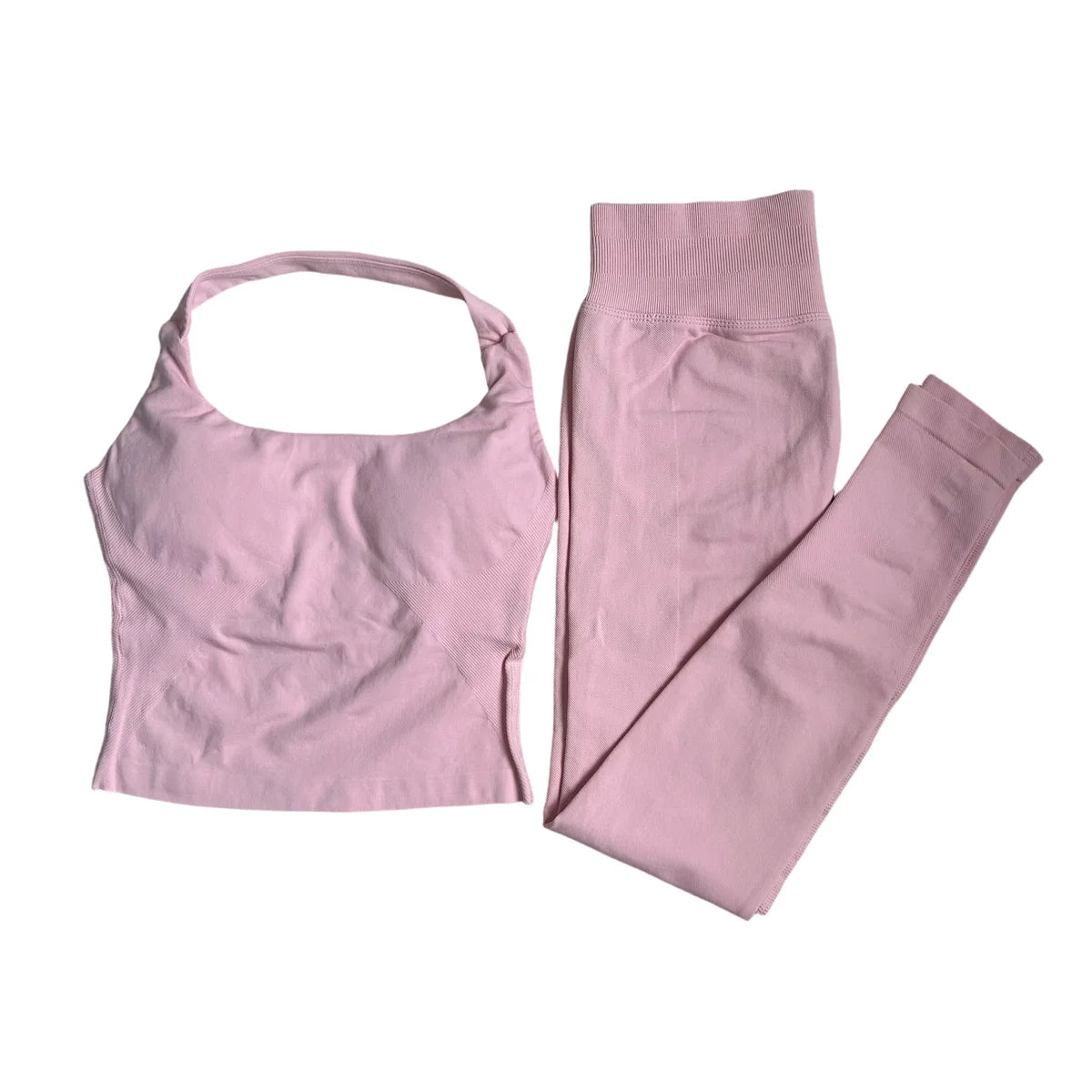 Halter Top Leggings 2-Piece Set Seamless Halterneck Backless Yoga Top+Scrunch Booty Leggings Fitness Gym 2pcs Set