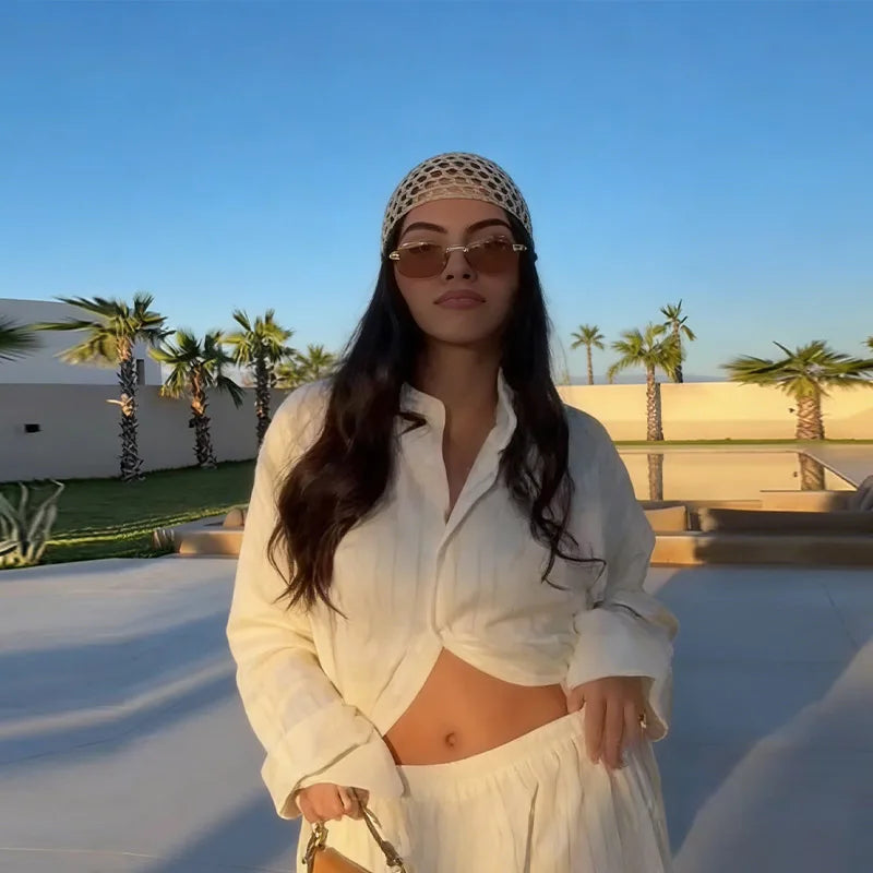 Beige Two Piece Set Women Oversized Button Down Shirt & High Waist Wide Leg Pants Y2k Summer Vacation Kaftan Outfit