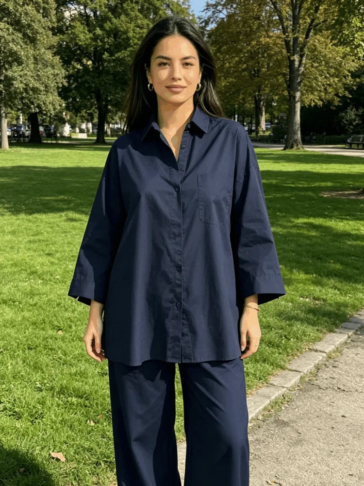 Women Solid Lapel Full Sleeves Pant Suits Chic Single Breasted Wide-leg Long Pants Sets 2026 Lady  Casual Daily Loose Fit Outfit Main image