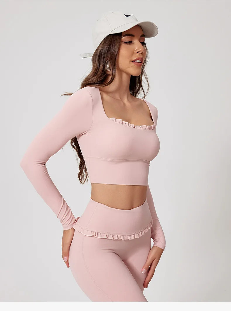 New Summer 2Pcs Women Gym Yoga Female Outfit Outdoor Sports Quick-Dry Long-Sleeved Shirt Set Woman Two-Piece Suit Sportswear