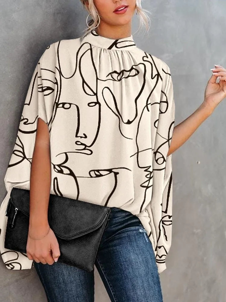 Casual Loose Women's Blouse Fashion Batwing Sleeve Print O-neck Shirts Top Spring Summer Office Lady Blouses Elegant Tops 2024 Secondary image