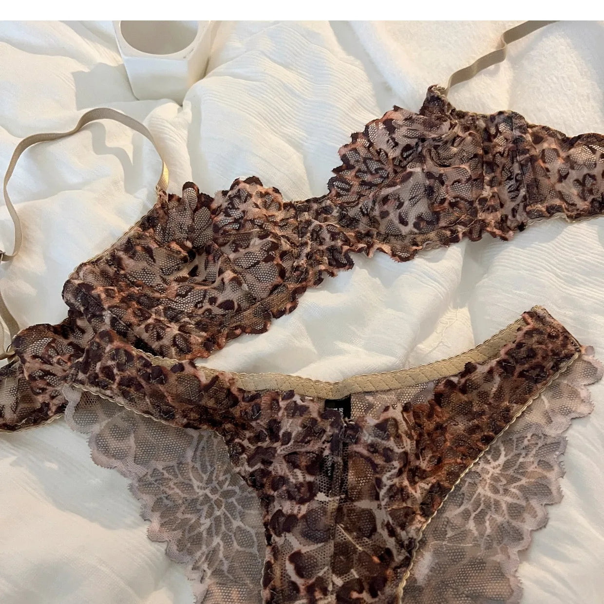French Sexy Underwear Thin Leopard Print Transparent Lingerie Comfortable Women's Gathered Underwire see through bra Set Thong