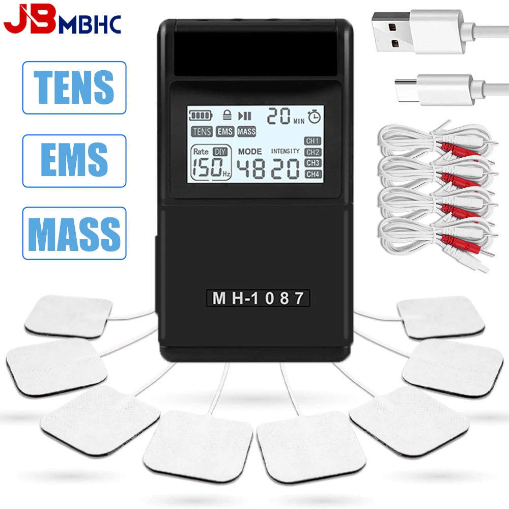 Digital TENS EMS Unit 4-Channel Tens Electrostimulator Rechargeable Muscle Stimulator with 20 Intensity Levels for  Pain Relief