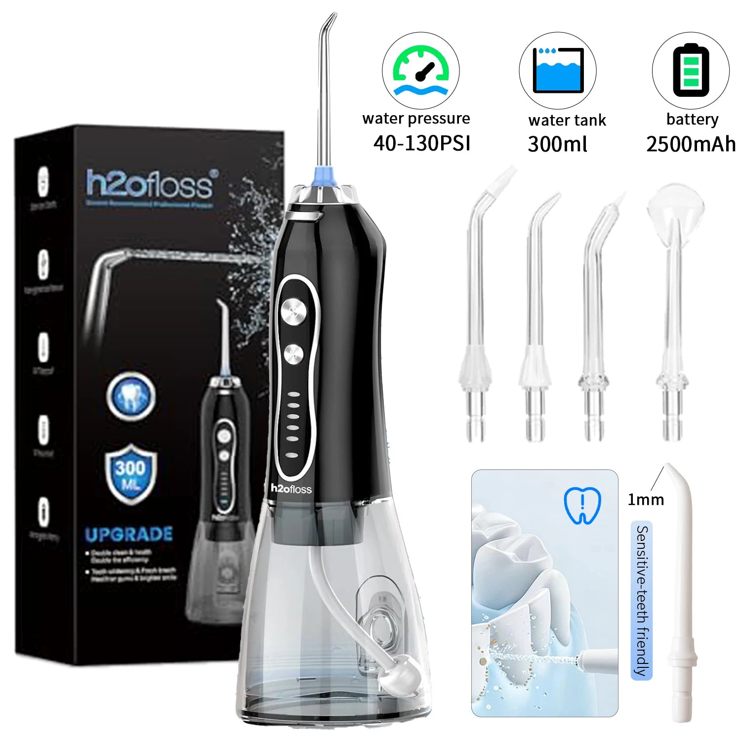H2ofloss Cordless Water Flosser 140PSI 5 Modes 5 Tips 300ml 2500mAh USB Rechargeable Portable Oral Irrigator for Teeth Cleaning Main image