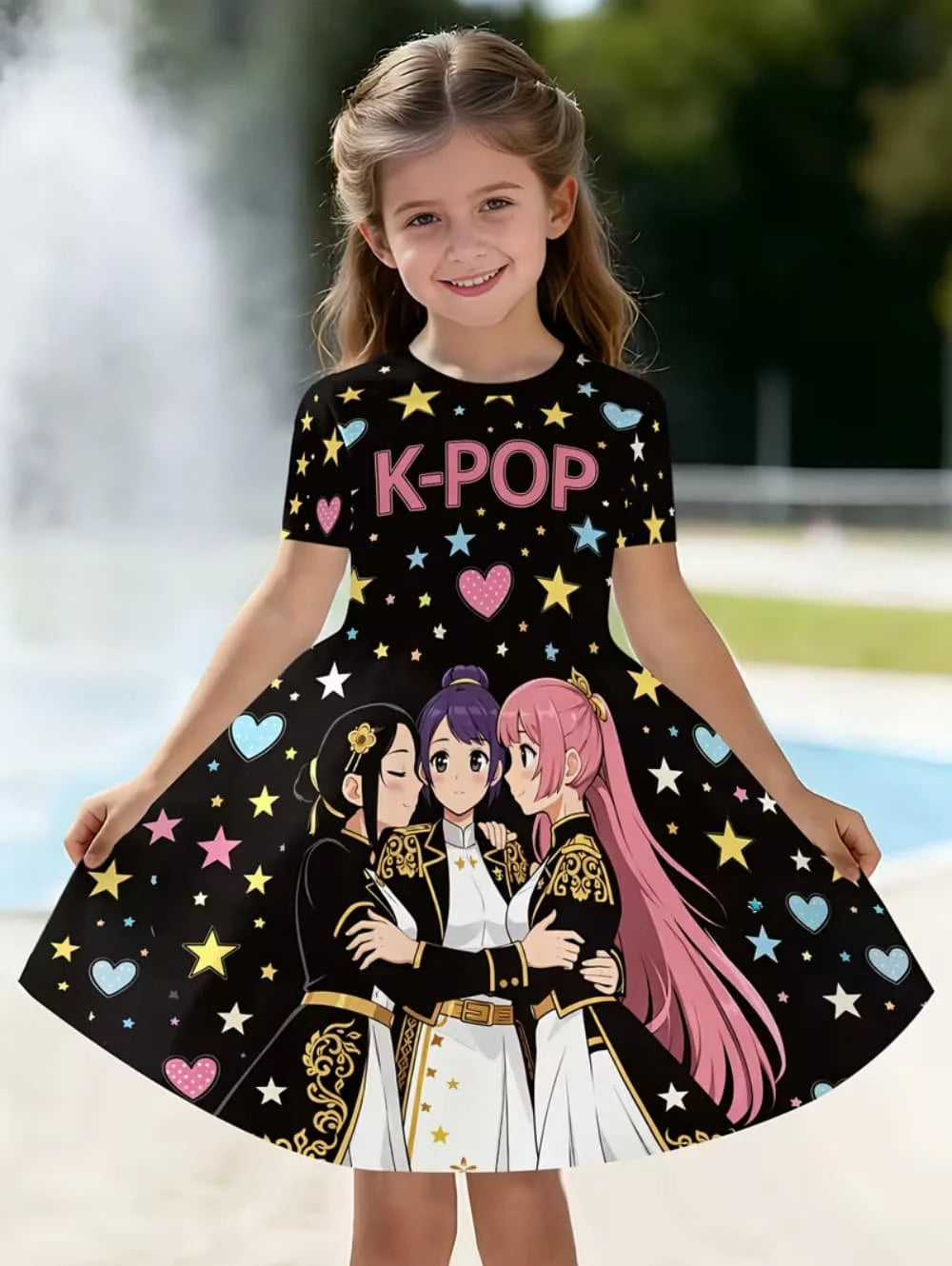 Kpop Cartoon Graphic Dress for Girls Funny Gift for Fan Harajuku Girl Clothes Summer Tops Short Sleeve Dress Children's Clothing