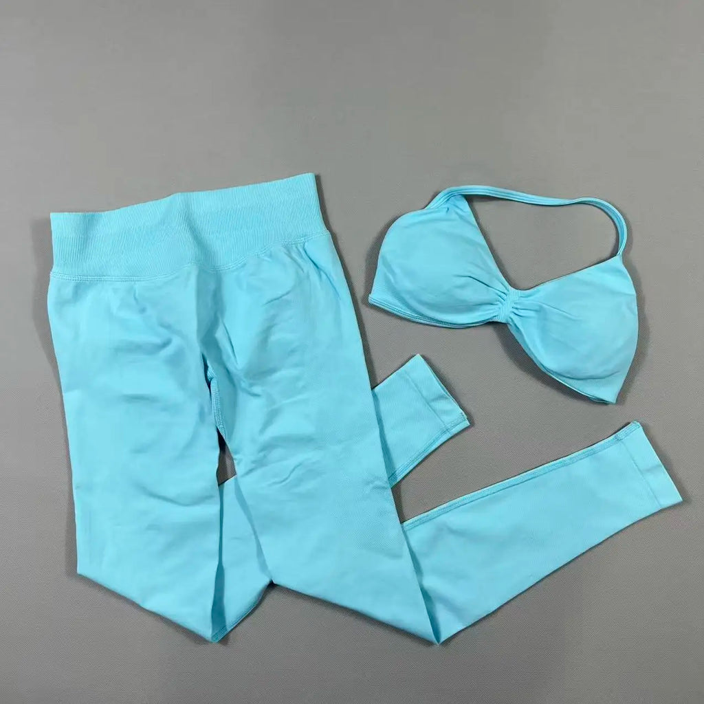 UETEEY Set For Woman Strappy Yoga Bra Sports Top Workout Leggings Set Seamless Gym Set Fitness Clothes Outfit Activewear