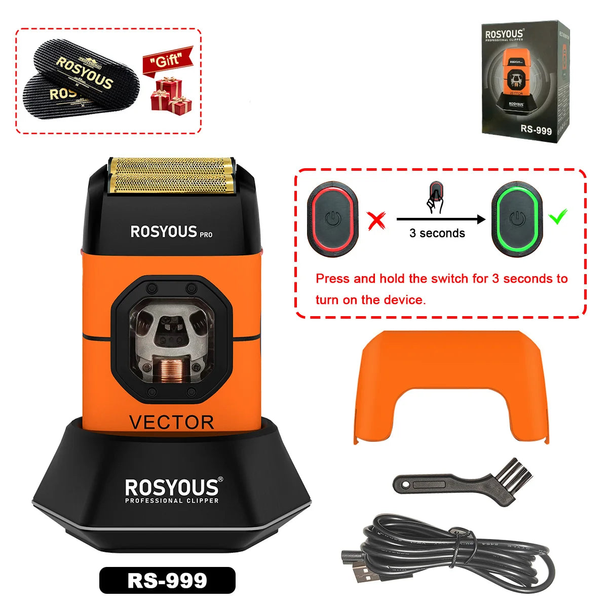 ROSYOUS RS-999 Man Electric Shaver 13000RPM Magnetic Vector Motor Full Metal with Dock 2000mAh Barbershop Beard Trimmer Machine