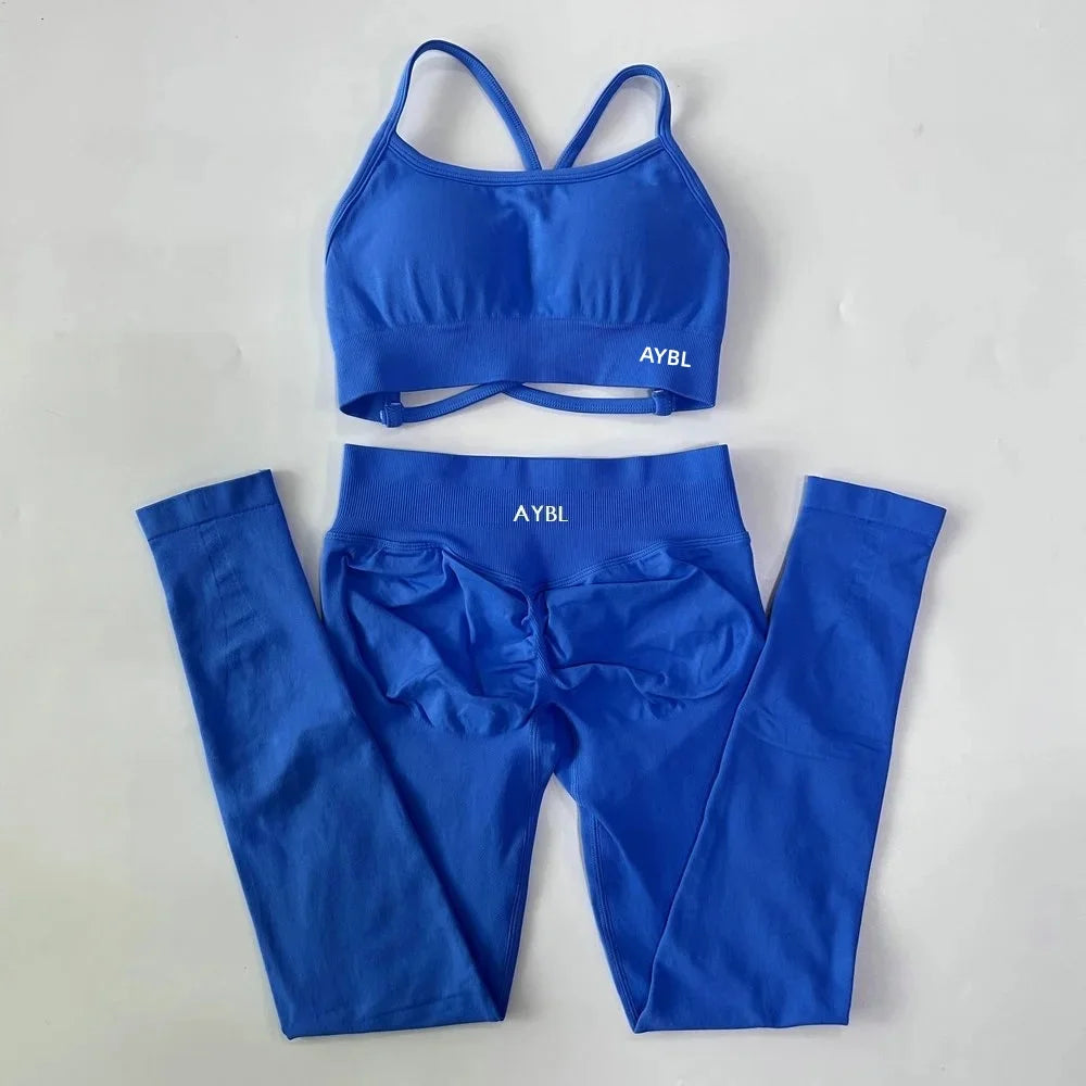 AYBL Yoga Set Seamless Yoga Set 2 Pieces Women Workout Set Scrunch Leggings Backless Sports Bra Fitness Top Gym Pants Clothes