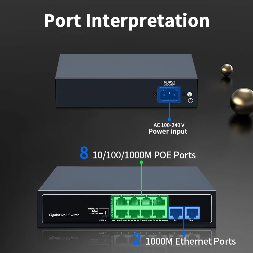 HORACO 8 Port 1000Mbps POE Switch 2 Gigabit Uplink 1000BASE-T RJ45 Networking Switcher 96W Hub Internet Splitter Plug and Play