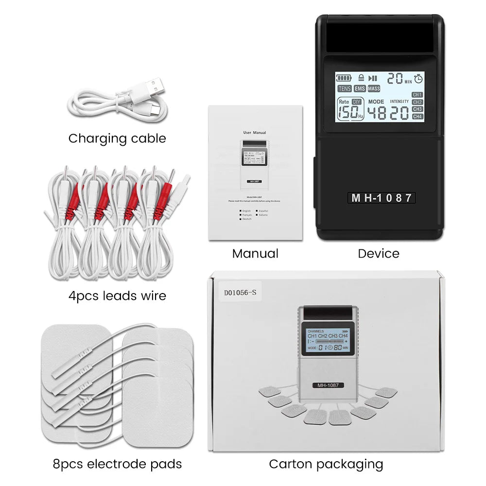 Digital TENS EMS Unit 4-Channel Tens Electrostimulator Rechargeable Muscle Stimulator with 20 Intensity Levels for  Pain Relief