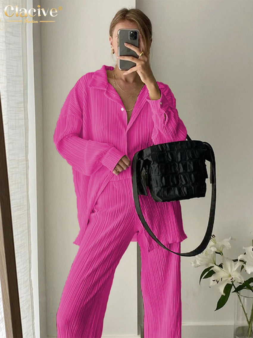 Clacive Causal Loose Home Suit Autumn Long Sleeve Blouse With High Wasit Pants Set Women Elegant Pleated Beige 2 Piece Pant Sets Secondary image