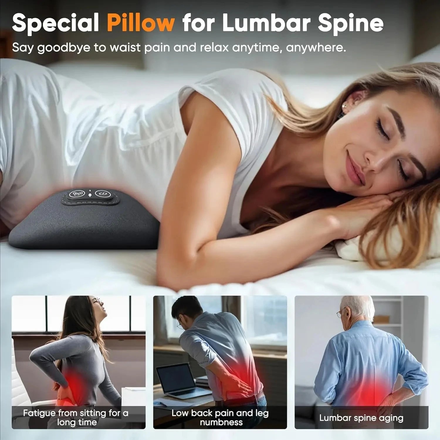 NEW 3-in-1 Back Massager with Relief Bed Sleeping Shiatsu Deep Tissue Portable Shoulder Lower Back Pain Relief Waist Massager