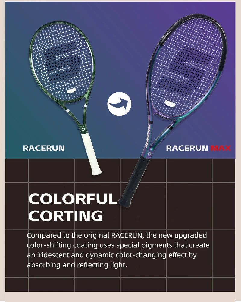 RaceRun-MAX Composite Carbon Tennis Racket, 295±10g Lightweight, 325mm Balance, One-Piece Stable Frame, 50-60lbs, for Advanced