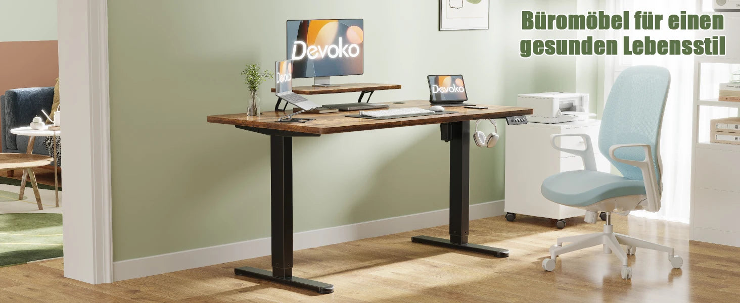 Devoko Height Adjustable desk Electric 120 × 60cm with Monitor Stand Ergonomic Seat Standing Desk (White)