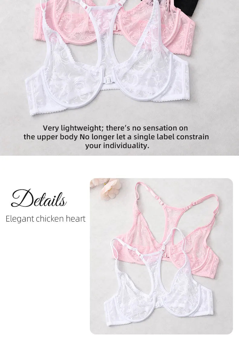 Front Button Women's Bra Lace Sheers Unpadded Sexy Lingerie BH Tops Flower knitting Brassiere Underwire Underwear Plus Size Bras
