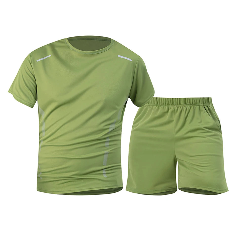 2-Piece Men's Summer Quick drying Sports Suit Loose And Breathable Short Sleeved T-shirt Running And Fitness Black Pocket Shorts