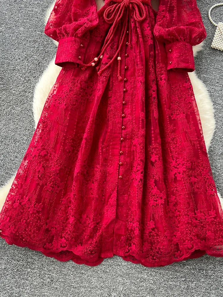 Spring Autumn French High-end Women's Dress New Lace Embroidery V-neck Lantern Sleeves Single Breasted Party Birthday Dress C192