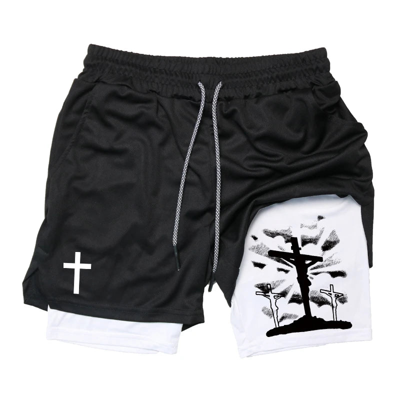 Print 2 in 1 Running Workout Shorts for Men Christian Gym Athletic Performance Shorts with Phone Pocket Towel Loop Activewear