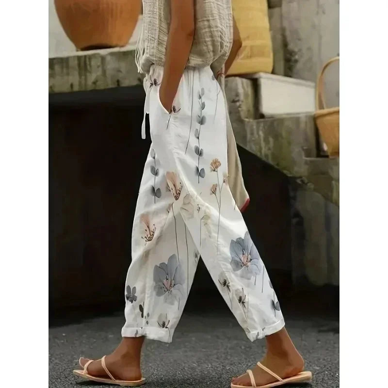 Plus Size 1XL-5XL Women's Fashion Floral Print Straight Elastic Drawstring Pocket Pants Ladise Casual Versatile Pants