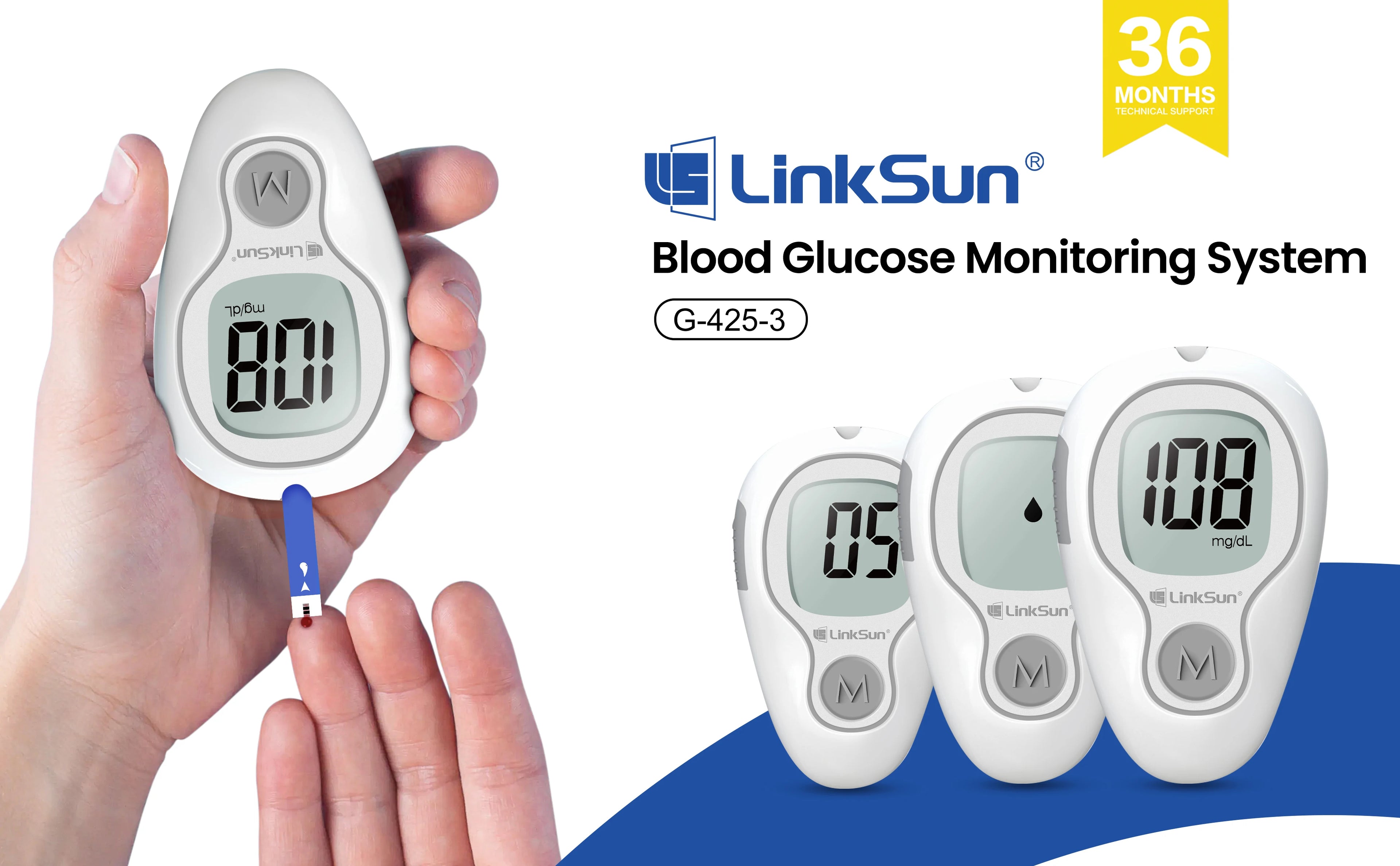 LinkSun Blood Glucose Meter G-425-3 Glucometer No Code for Diabetes Test 10/50/100pcs Strips Lancets Medical Blood Sugar mg/mmol