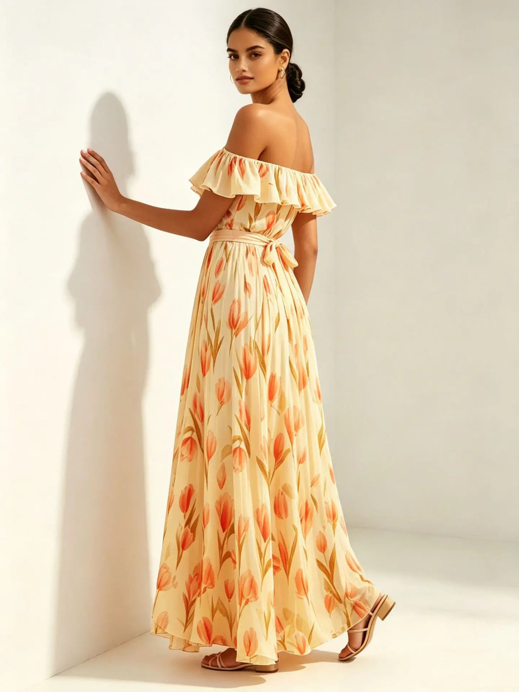 2026 summer off-the-shoulder tulip print plus size slimming square neck maxi dress