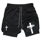 Print 2 in 1 Running Workout Shorts for Men Christian Gym Athletic Performance Shorts with Phone Pocket Towel Loop Activewear