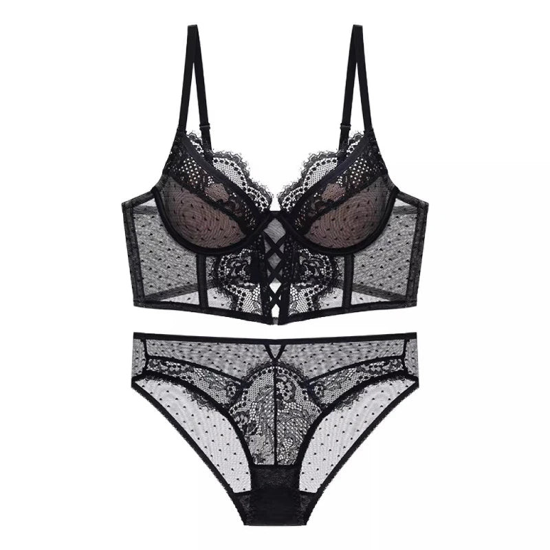 French Lace Push Up Lingerie Set Mulher Thin Underwire Bra Sheer Ruched Chemise Soft Petite Small Bust S-XL Hot Sale