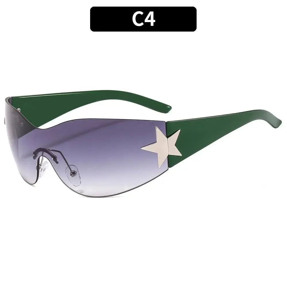 New Y2K Rimless Punk Sunglasses Goggle Women Men Luxury Brand Wrap Around Sun Glasses Five Star Eyewear Sports One Piece Shades