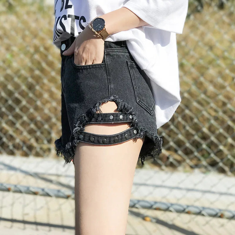 Summer Side Spike Women Denim Shorts 2021 Fashion Loose Holes High Waist Jeans High Street Wide Legs Thin Shorts Women Trousers