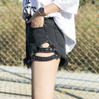 Summer Side Spike Women Denim Shorts 2021 Fashion Loose Holes High Waist Jeans High Street Wide Legs Thin Shorts Women Trousers
